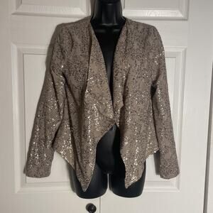 New‎ York & Company Jacket Women XS Taupe Sequin Open Front Waterfall Blazer Top